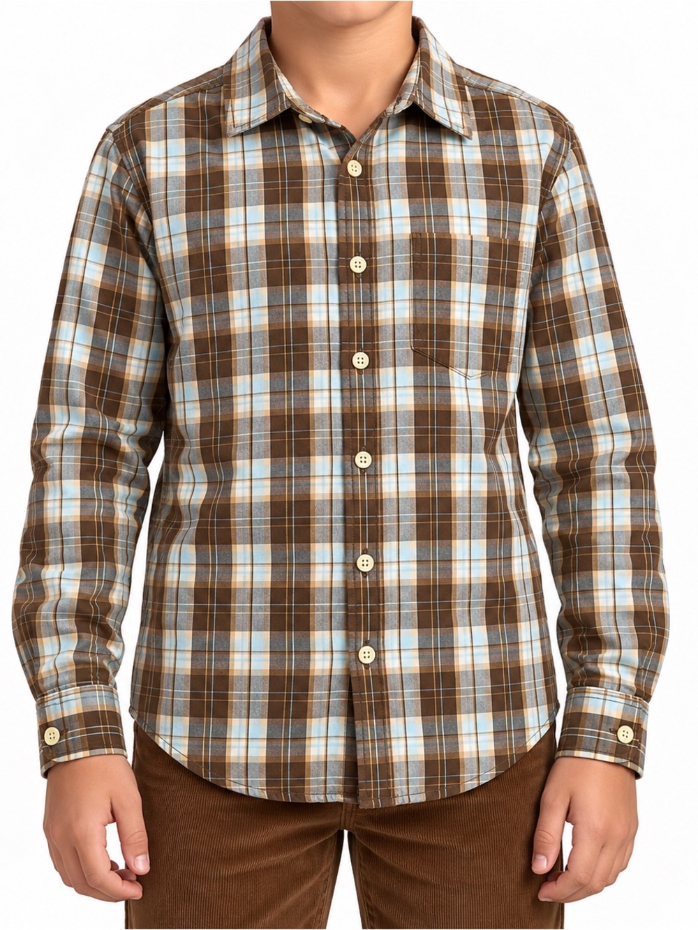 Cherokee Boys Brown Blue Plaid Cotton Shirt Heritage Outdoors Size L 12/14